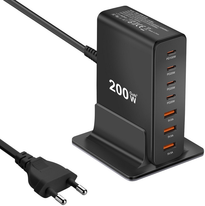 호밍사이 200W GaN 7포트 4C3A C타입 PD3.0 PPS 초고속 멀티 충전기 아이폰 갤럭시 맥북 호환, 1개, 블랙