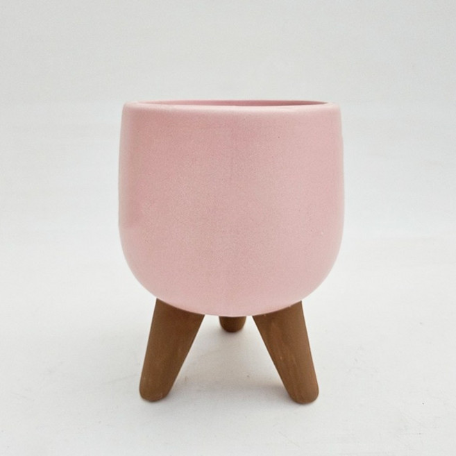 BSLife 북유럽 무드 원형 화분 원목색 다리 세라믹 자취방 홈데코, 1개, 핑크