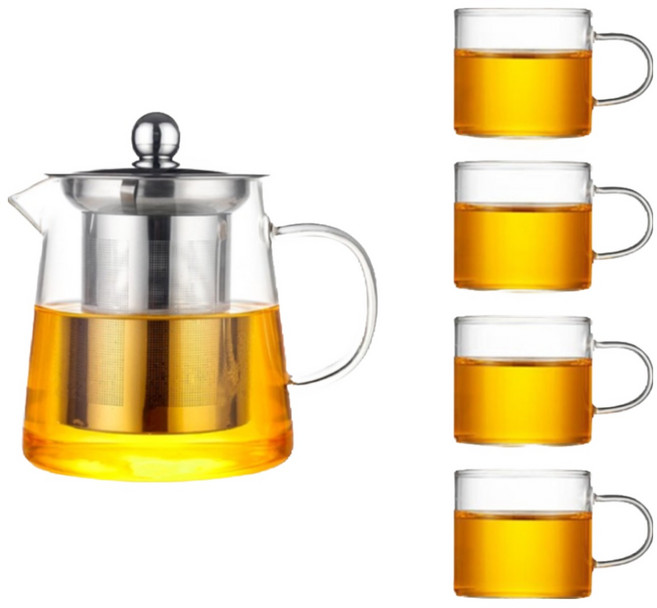 Qiaokao 유리 티포트 세트, 클리어, 찻주전자 +찻잔 4개입, 1세트