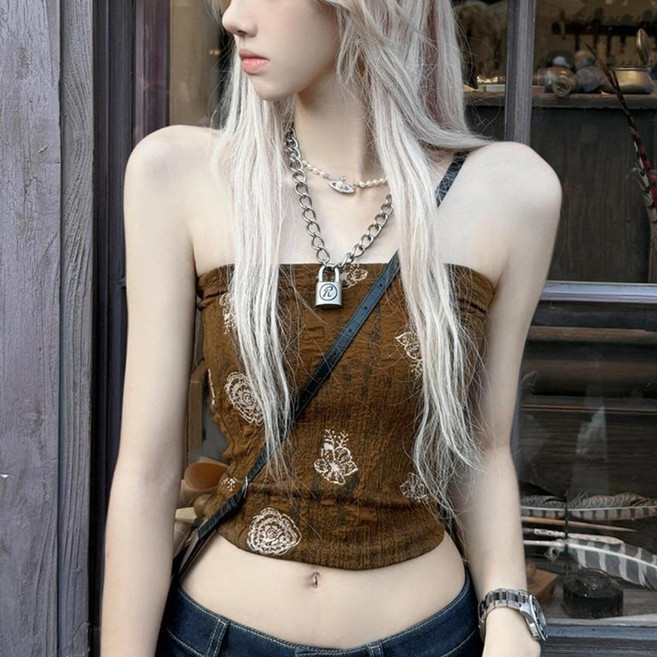 COSYEVNO 여성 여름 슬림핏 튜브탑 빈티지 패턴 나시 BCXmx-8