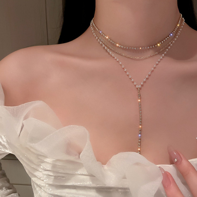 드롭 체인 진주 레이어드 두줄 화려한 파티 목걸이