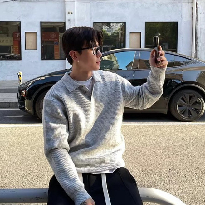 ANYOU 남성 카라 니트 오버핏 캐주얼 스웨터 맨투맨 두꺼운 긴팔 티셔츠