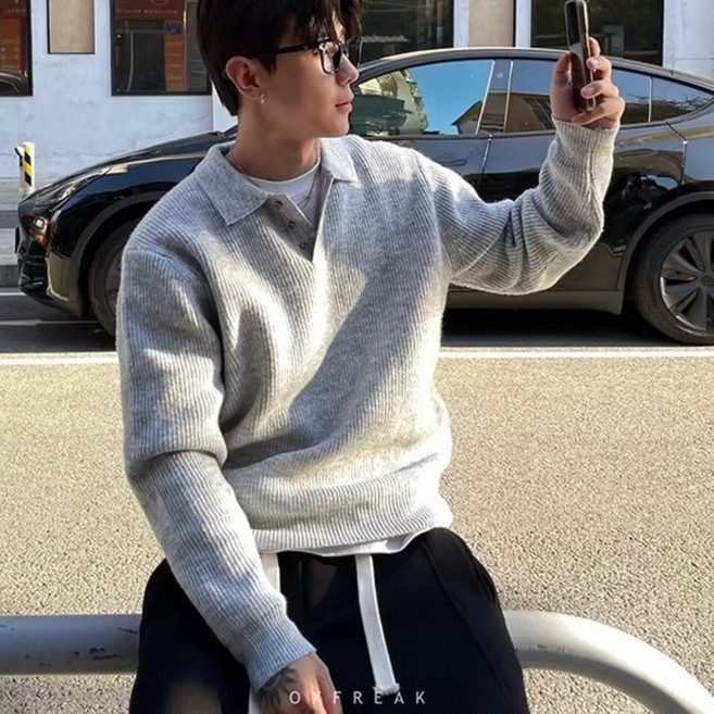 ANYOU 남성 카라 니트 오버핏 캐주얼 스웨터 맨투맨 두꺼운 긴팔 티셔츠