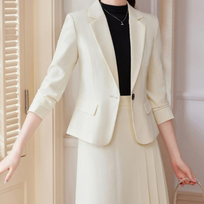 해피유통 여성용 봄가을 정장 세트 미디 스커트와 슬림핏 블레이저 한벌 상하의 세트 BJJ001