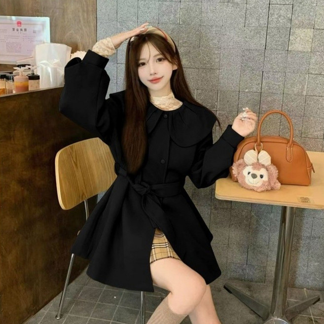 러블리 핀턱카라 트렌치코트 / 여성 A라인 벨트 미니자켓 원피스핏 코트