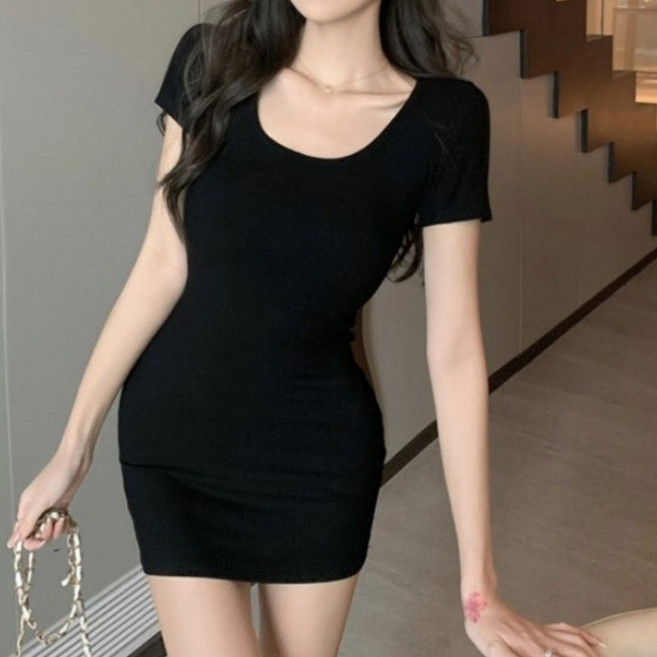 센스인 여성 여름 슬림핏 섹시 스판 검정 반팔 미니 원피스