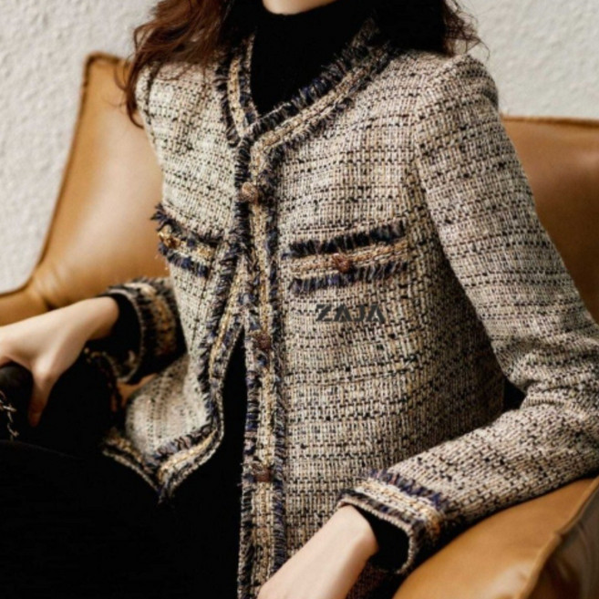 ZAJA 여성 라운드 잔체크무늬 긴팔 코트 트위드 자켓