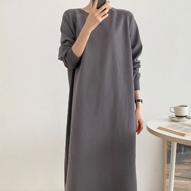 러브포텐 여성 니트롱원피스 라운드넥 루즈핏 긴팔롱원피스 옆트임 베이직 니트원피스