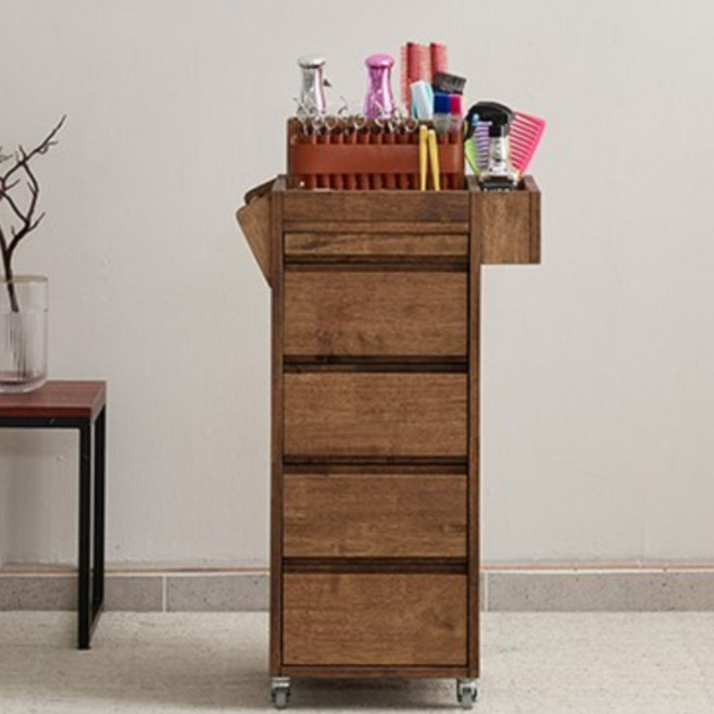 미용실 트레이 심플 원목 츄레이 트롤리 미용 원목 이동식 웨건, 브라운