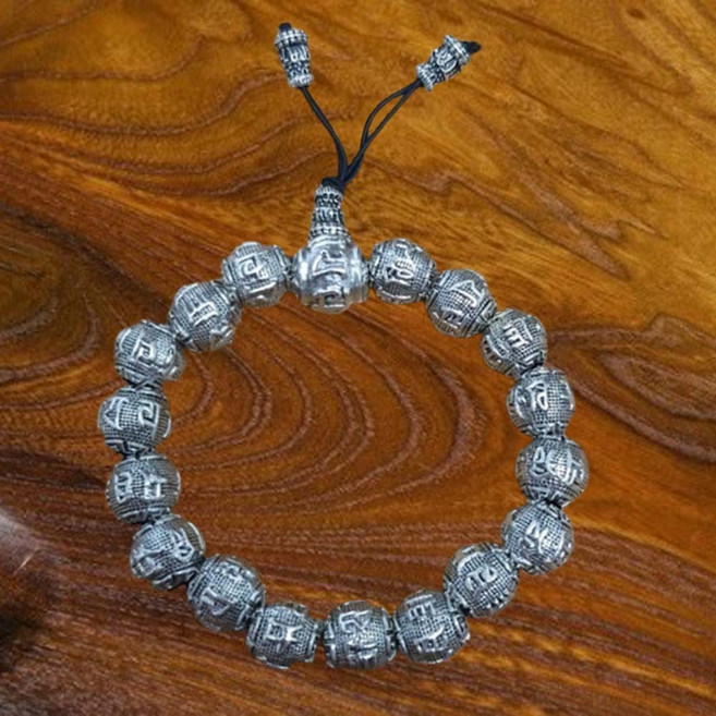 육자진언 불교팔찌 티베트 스털링 흑요석