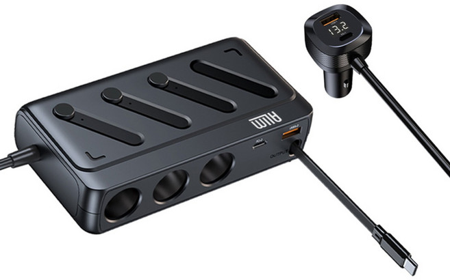 아림 차량용 릴타입 멀티 시거잭 소켓 3구 개별 스위치 C타입 PD 초고속충전 볼트게이지 전압표시, 블랙