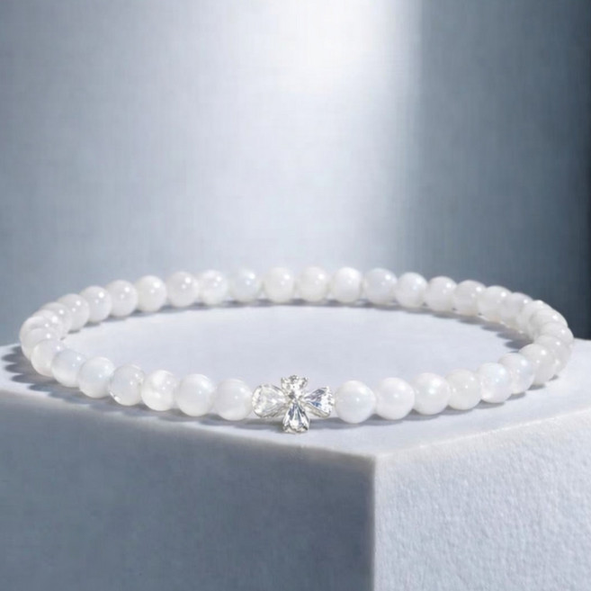 크롬 스타일 화이트 자개 십자가 1포인트 4mm 원석 순은 팔찌