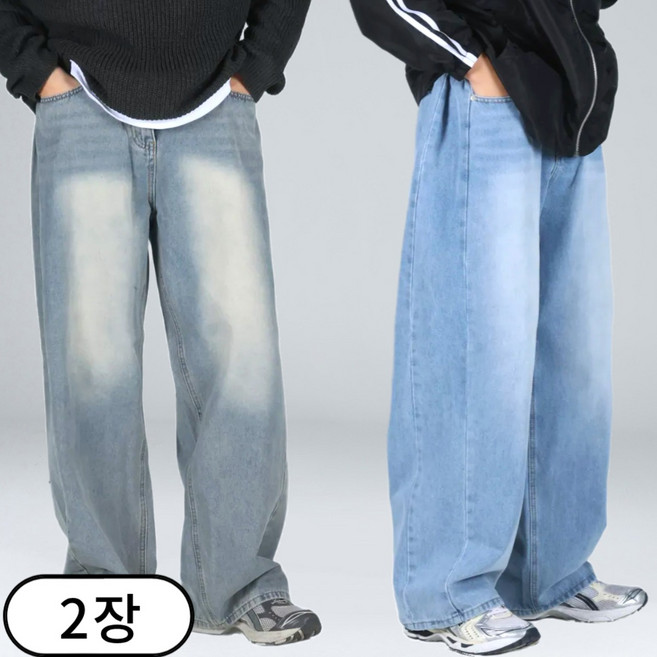 [1+1] 남자 청바지 와이드 데님 팬츠 워싱 사이드턱 (6687-2)