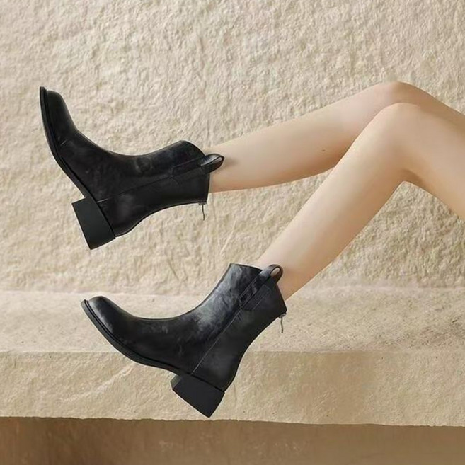 AURALA 여성 웨스턴 데님 부츠 가을 빅사이즈 패션 소프트 레더 앤티크 앵클 부츠 L0923-04