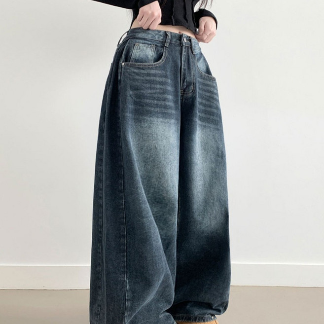 부기샵 벌룬 와이드 데님팬츠 라뚜 사이드핀턱 캣브러쉬 워싱 스냅버튼 조거 와이드 벌룬핏 군살커버 데님팬츠