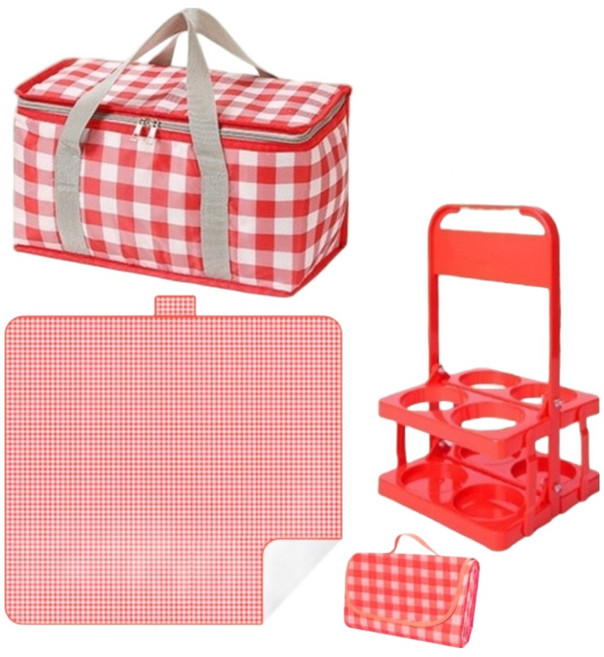 노이조이 감성 돗자리 매트 방수 보냉백 음료캐리어 피크닉 세트, 레드