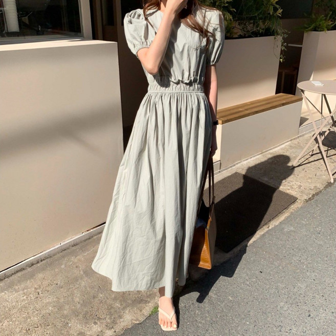 메이 밴딩 소매퍼프 벌룬 셔링 루즈핏 a라인 플레어 여름 코튼 러블리 롱 원피스(2color)