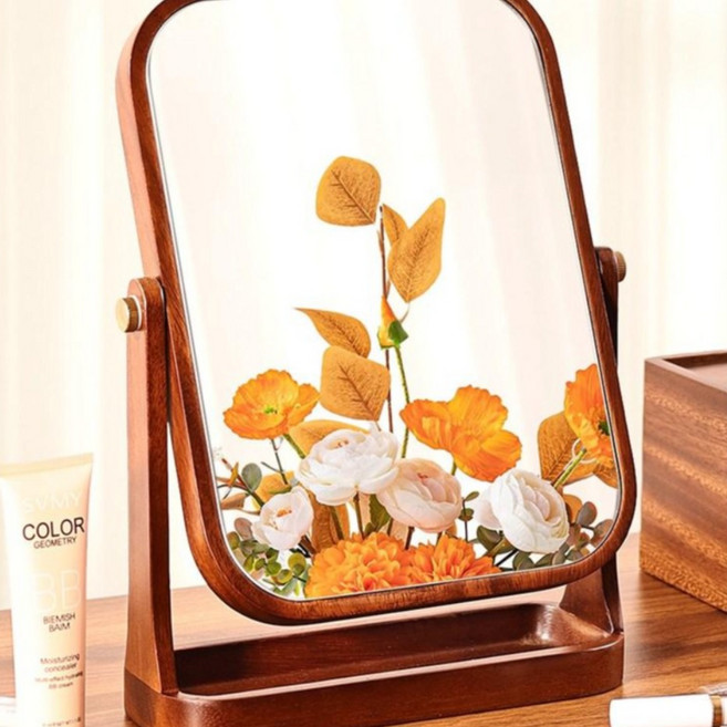 호두나무 사각 거울 라운드 디자인 메이크업 거울 회전식 탁상용 고화질 메이크업 거울 트레이 부착 수납 거울 탁상 거울 메이크업 거울, 2.M