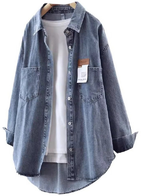 POMTOR 여성 데일리 워싱 데님 기본 셔츠 긴팔 오버핏 청남방