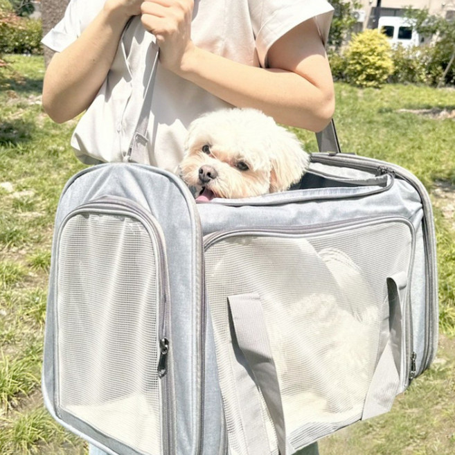 견행묘행 강아지 슬링백 산책가방 여름가방 기내용 이동가방, 라이트그레이, 1개