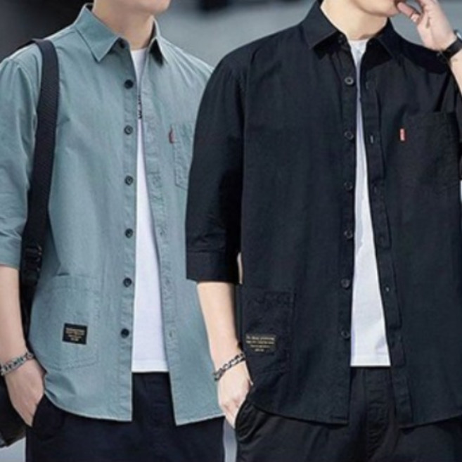 swygsqql 1+1 남성 캐주얼 셔츠 자켓 얇은 7부 셔츠 상의 루즈핏 여름 자켓