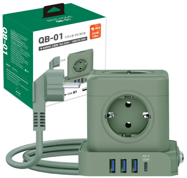 빠른배송 20W 고속충전 큐브멀티탭 비오스홈 QB-01 5구 고용량 4000W 큐브 스위치 멀티탭(USB C타입 충전지원), 그린, 1개, 1.8m
