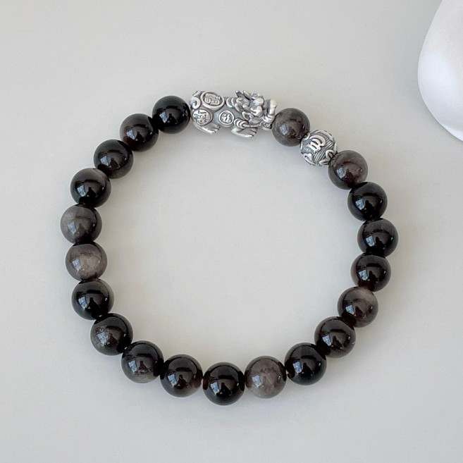 재물운 수호 안정 실버 흑요석 8mm 비휴 육자진언 팔찌