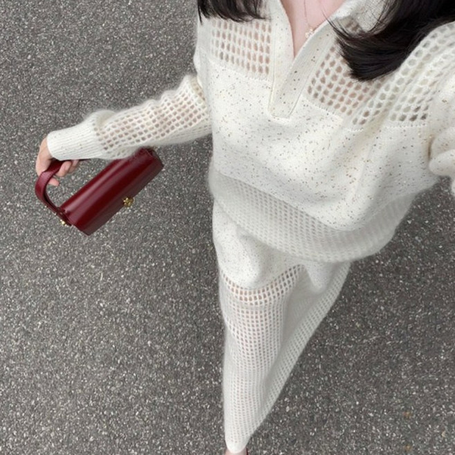 COSYEVNO 여성 투피스 가을 브이넥 펀칭 심플 편안 캐주얼 루즈핏 미디 긴팔+스커트 투피스 CXJtz-02