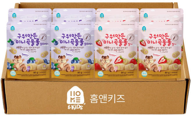 [홈앤키즈] 구워만든 미니곡물롤 2종 혼합, 2세트, 320g, 딸기맛 2개+블루베리 2개