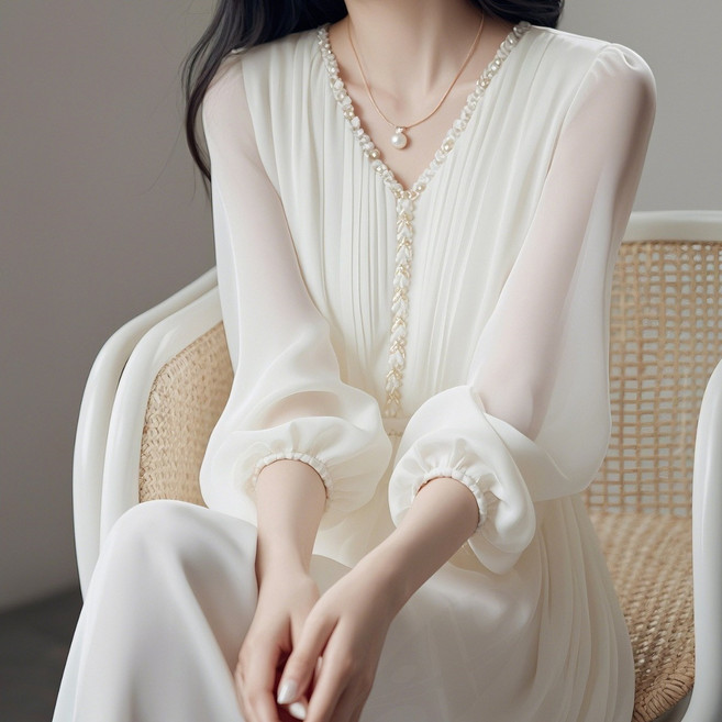 비아이와이 여성 쉬폰 캐주얼 화이트 긴팔 롱 원피스 DH1032