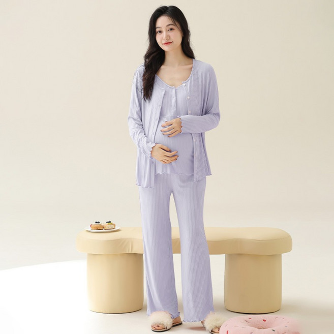 NUNUHANA 임산부 수유잠옷 3종 세트 부드러운 골지 홈웨어