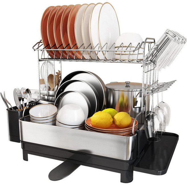프리미엄 프레임 304 스텐 식기건조대 전방위 회전식 배수구, 1개, 블랙, 2단