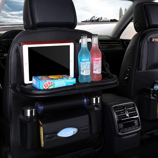 차량용 가죽 수납포켓 자동차 뒷좌석 수납 테이블 수납 정리함 시트 납포켓 포켓 태블릿 거치, 블랙, 1개