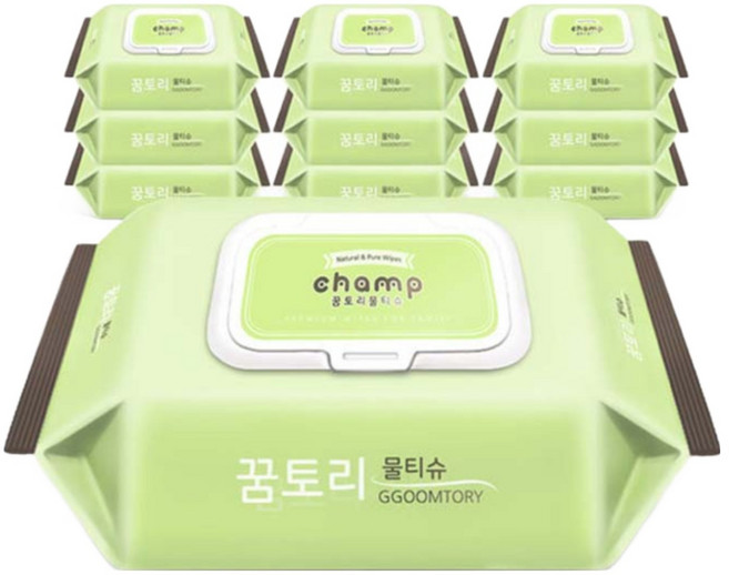 꿈토리 가득찬 챔프 엠보싱 물티슈 캡형, 55g, 100매, 10개
