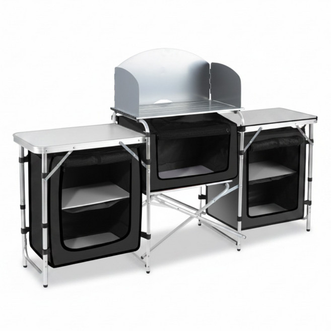 아웃폴드 야외 캠핑장비 접이식 테이블 휴대용 주방 조리대 키친테이블 캐비닛 세트, 1개, 3단, 실버+블랙