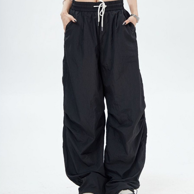 DEARHUA 여성 카고 얇은 쿨 와이드 퀵드라이 트레이닝 팬츠 봄 여름 빅사이즈 무지 밴딩 스트링 통바지 조거 팬츠 베이직 학생 운동 오버핏 통기성 냉감 댄스 힙합 일자 바지