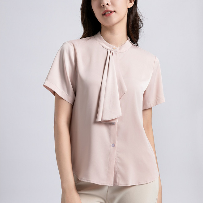 YAMANMAN 여성용 쉬폰 반팔 리본 넥타이 셔츠 오피스 기본 스타일