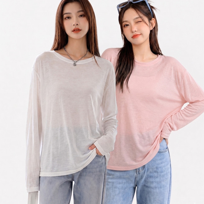 ENVOA 여성 여리핏 텐셀 라이오셀 시스루 긴팔티 루즈핏 기본티