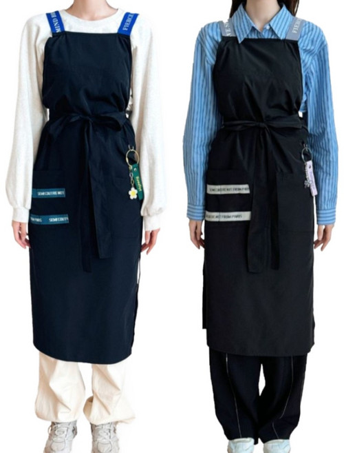 더블사이드 슬릿 헤어샵앞치마 헤어디자이너 카페 꽃집 원피스 공방 앞치마 에이프런, LN6709-블랙&블루끈(Blue)
