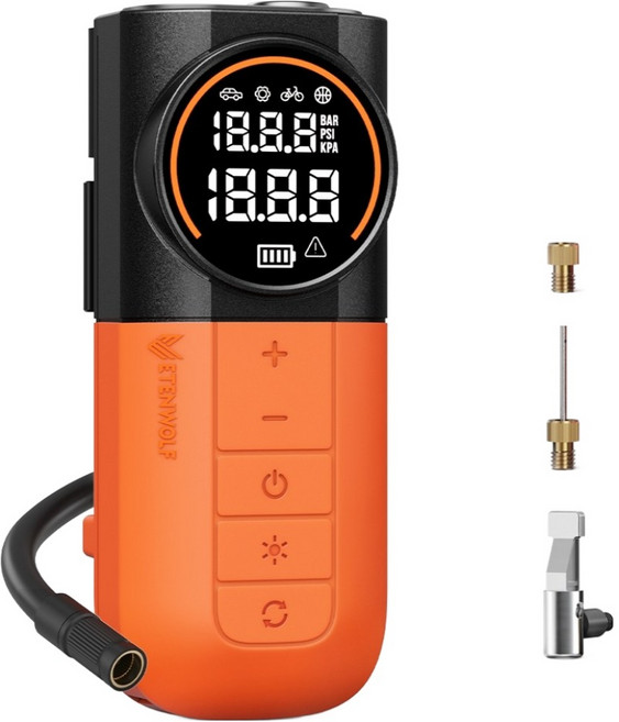 ETENWOLF S1 휴대용 타이어 공기압 주입기/무선 에어펌프 160PSI 에어컴프레셔 자동차/자전거/오토바이/구기류 다기능 전동 에어펌프 LED라이트 (오렌지), 오렌지색, 1개