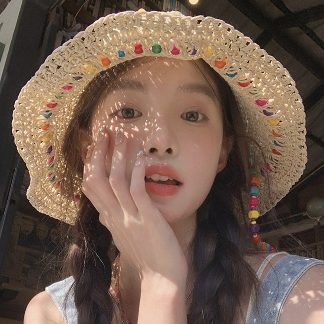 여름 라탄 버킷햇 비즈 스트랩 뜨개 니트 벙거지 여성 데일리 휴양지 모자