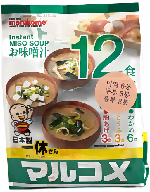 마루코메 잇큐상 간편한 즉석 미소시루 겐넨 (저염식품) 12식+추가상품 KF94마스크 2장 된장국 캠핑 혼밥 아침 저녁용 간편식사, 186g, 7개