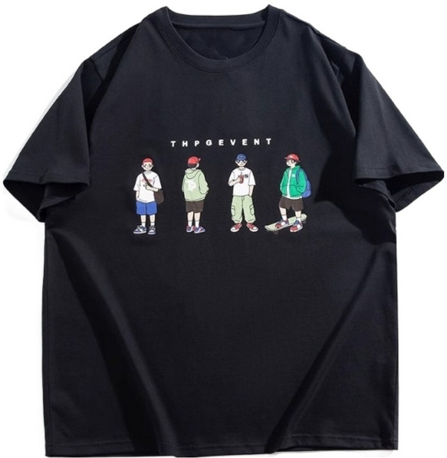 (1+1 2장)5XL-8XL 순면 100% 남성 빅사이즈 반팔티 면티 캐릭터 오버핏 루즈핏 바이크 라이더 110 115 120 125 130 KPM212, 블랙(피플)+블랙(UT)