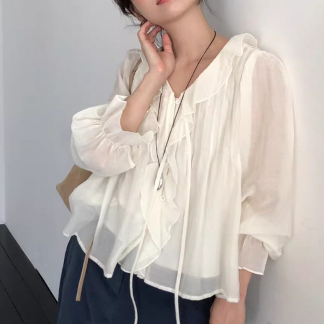글로리원 여성 데일리 쉬폰 러플 긴팔 블라우스