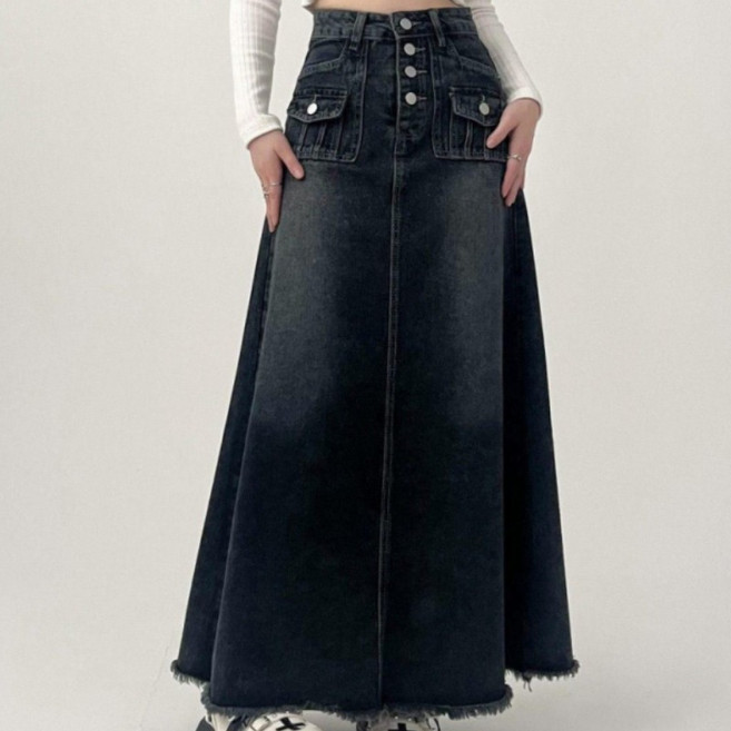 SAHINER 여성 데님 하이웨스트 롱 스커트 버튼 포켓 봄가을 AQZ49