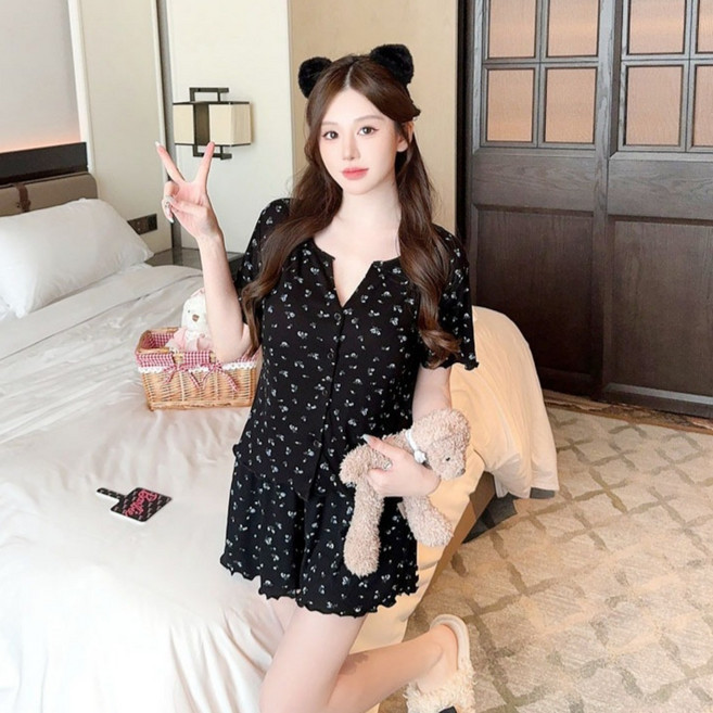 라랄라 빅사이즈 쫀쫀골지 플라워 상하세트 홈웨어 잠옷 ( 2XL 빅플러스사이즈)