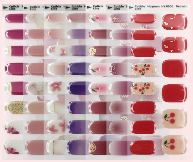 [HOYEOM] 세미큐어 젤네일 스티커 28P 레드톤 7디자인 (램프 옵션) | UV램프 경화 일주일 유지 셀프네일, 1개, HY-0025 핑크스타