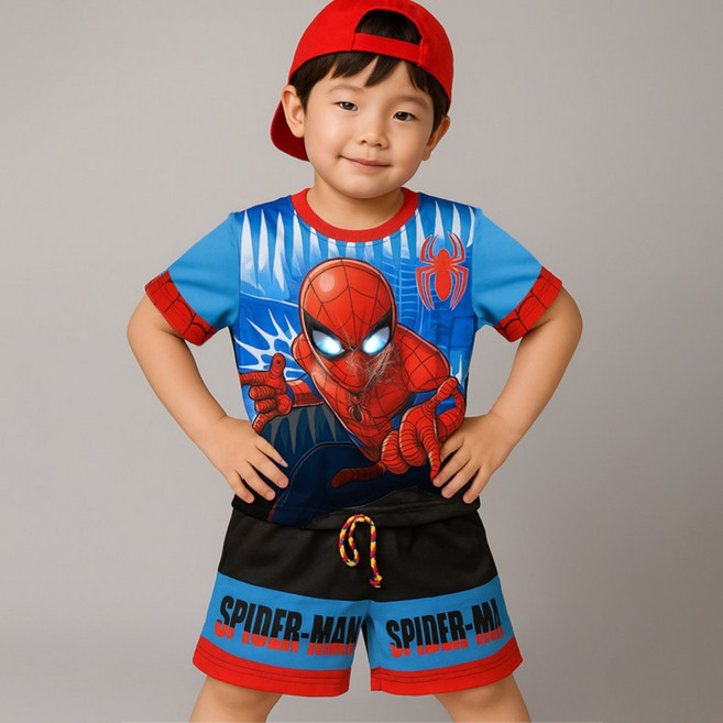 반짝반짝 발광마블정품 스파이더맨 시원한원단 상하복일상복 수영복겸용 망토디자인 LED 증정(국내당일발송)