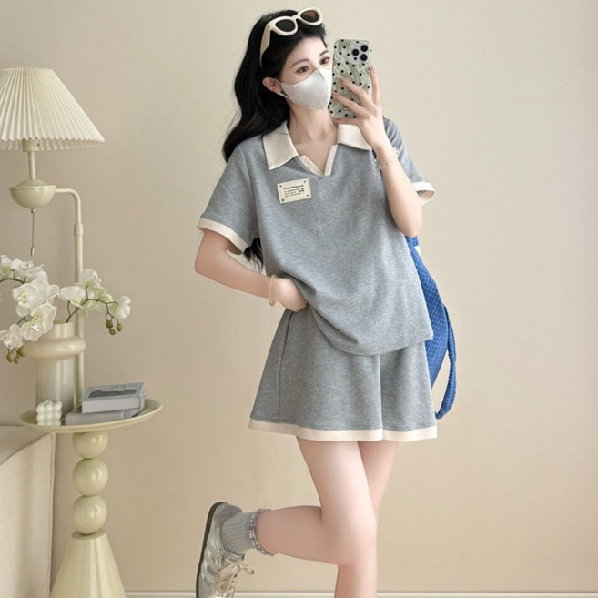 디한스 임산부 여름 캐주얼 운동복 세트 반팔반바지 상하의