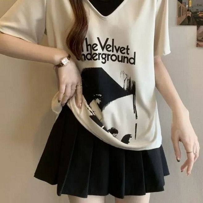 오스틱니 100kg까지 빅사이즈 초특가 특가상품 날씬해보이는 심플 프린트 V넥 시원한 반팔 티 여름 여성 편한 무지 루즈핏 얇은 박스티 캐주얼 티셔츠